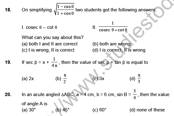 CBSE Class 10 Mathematics Introduction To Trigonometry MCQs Set C ...